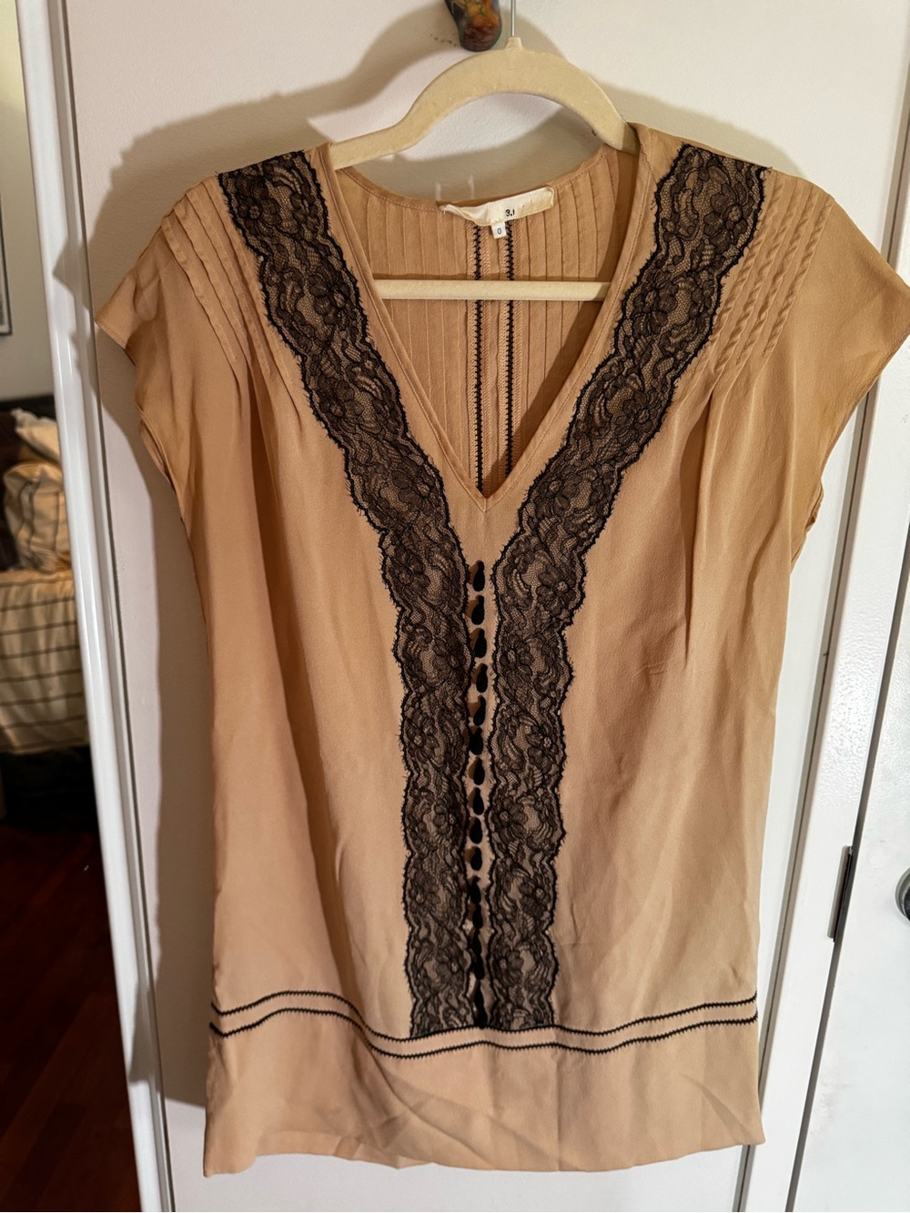 3.1 Phillip Lim Silk Tan Black Lace Panel V-Neck Blouse | Size 0